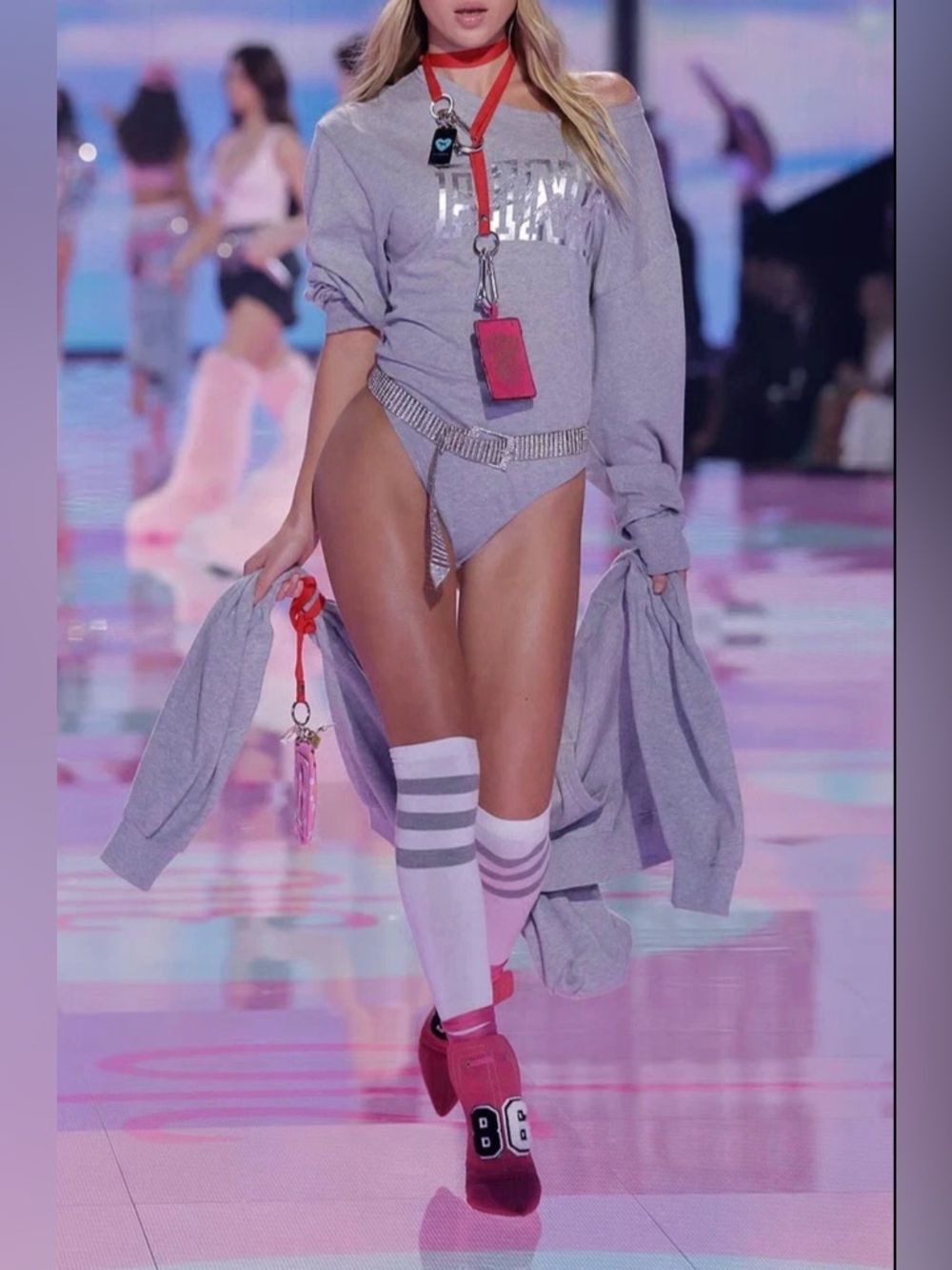 VS PINK Fashion Show Bling LS Campus Tee - Silver Foil Rhinestone Grey XS